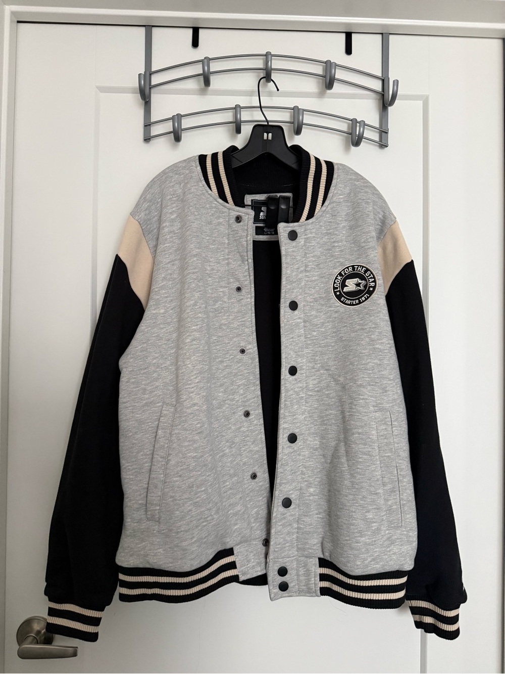 STARTER Black and Grey Logo Patch Varsity Jacket